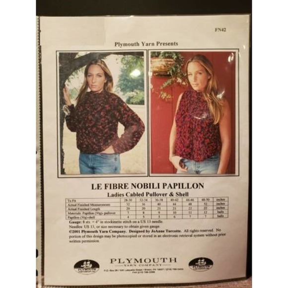 New Plymouth Yarn FN42 Le Fibre Nobili Papillon Cabled Pullover Knitting Pattern - Picture 2 of 2
